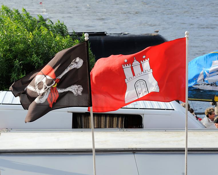3185_7006 Die Hamburg Fahne weht im Wind an der Elbe. | Flaggen und Wappen in der Hansestadt Hamburg